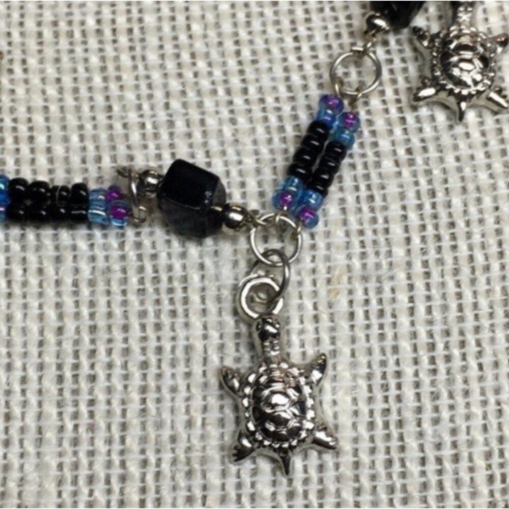 Turtle Anklet Ankle Bracelet 10 In Silver Charm Blue Purple Black Retro Vintage - Picture 2 of 5